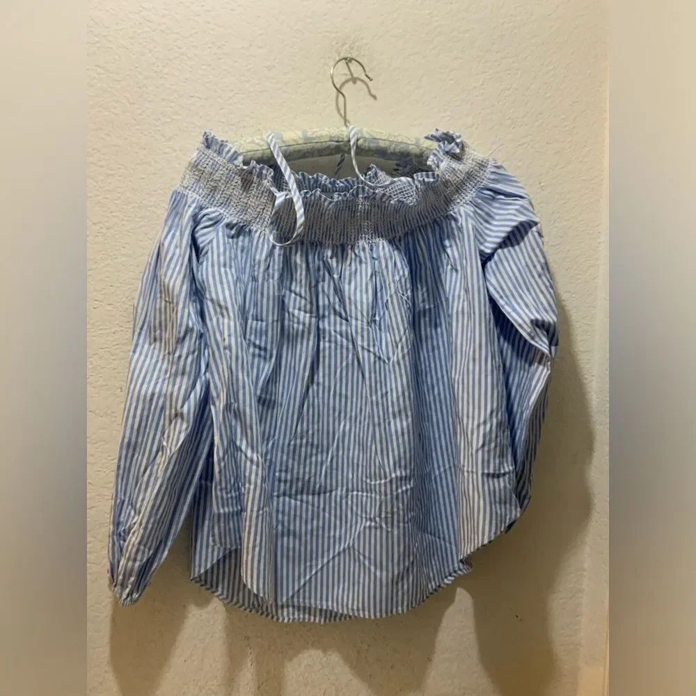 English Factory Blue/White Stripe off the shoulder top size Medium